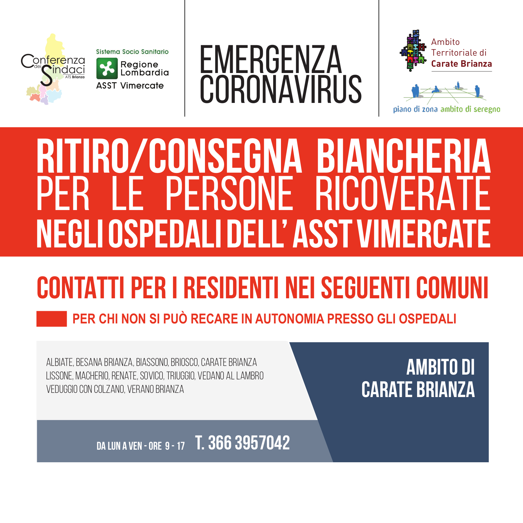 Ritiro e consegna biancheria per persone ricoverate negli ospedali dell'ASST Vimercate